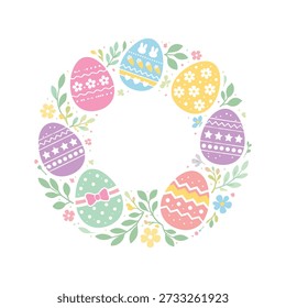 Cute Easter Egg Wreath with Flowers and Leaves – Pastel Spring Holiday Illustration
