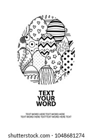 Cute easter eggs in black outline gather in the big egg with space for text on white background. Poster or card design for Easter festival in vector illustration.