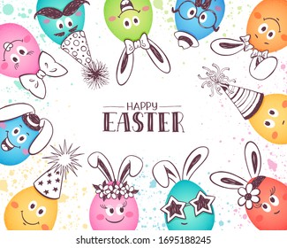 Cute Easter eggs with bunny ears in party hats. Bright party banner. Easter holiday concept. Funny Ostern eggs close-up in pastel colors.