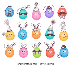 Cute Easter eggs with bunny ears in party hats. Easter holiday concept. Funny Ostern eggs set in pastel colors.