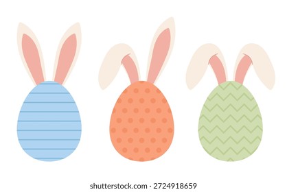 Huevos de Pascua lindos con orejas de conejo en colores pastel. Ilustración de primavera decorativa con patrones rayados, punteados y en zigzag aislados en blanco. Para tarjetas de Pascua, carteles, invitaciones y diseño de vacaciones.