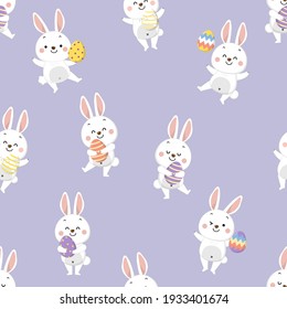 Cute Easter eggs and bunny seamless pattern. Holiday background.