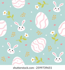 Cute easter eggs and bunny seamless pattern. Colorfull illustration. Tosca Background