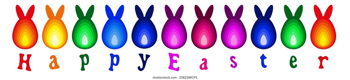 Cute Easter eggs bunny set, rear view, with bunny ear, multycolor rabbits from behind, handdrawn text 'Happy Easter'. For spring designs, greeting cards, holiday festive invitations, seasonal posters