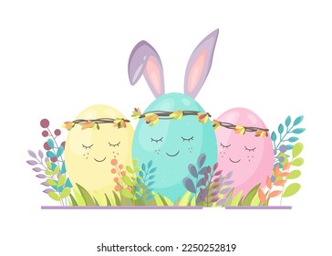 Cute Easter eggs characters with bunny ears in the grass and flowers cartoon vector isolated drawing.
