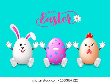 Cute Easter eggs characters dancing. Happy Easter concept, illustration. Isolated on white background.