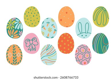 Cute Easter Eggs Collection with Leaves and Flowers in Flat Style