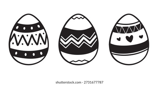 Cute Easter eggs with decorative patterns and heart details in black and white, vector illustration suitable for holiday designs.
