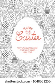 Cute Easter eggs in gray outline random for background and big white egg with space for text at the center. Poster or card design for Easter festival in vector illustration.