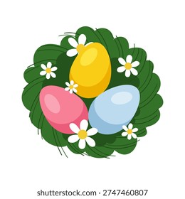 Cute Easter Eggs in Green Nest with Daisy Flowers, Spring Cartoon Vector Illustration for Greeting Card, Poster, and Nursery Decor.