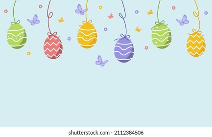 Cute easter eggs on the horizontal  blue background, fun garland, great for textiles, banners, wallpapers, easter cards and wrapping . Vector design.