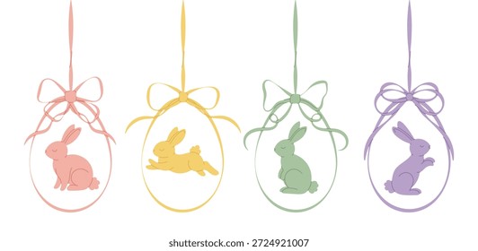 Cute Easter eggs with pastel bows and bunny illustrations inside. Soft flat vector set isolated on white for Easter decorations, spring cards, invitations, tags and kids designs.