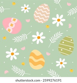Cute easter eggs seamless pattern. Spring flower pastel colorfull illustration. Green Background
