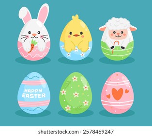 Cute easter eggs set with bunny, chick, lamb and decorative eggs. Flat vector illustration isolated.