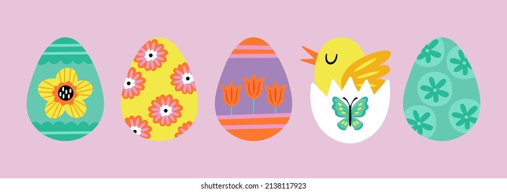 Cute Easter eggs set. Childish print for cards, stickers, banner and decoration