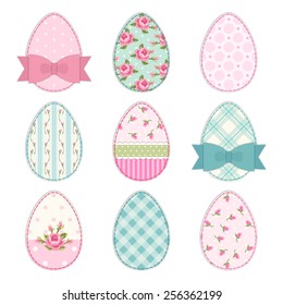 Cute Easter eggs as vintage fabric patch applique in shabby chic style