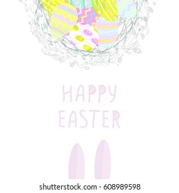 Cute Easter eggs in a wicker nest, greeting card on a white background. willow. Wallpaper, flyers, web design, brochure,voucher. Vector illustration