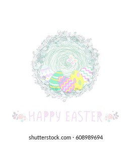 Cute Easter eggs in a wicker nest, greeting card on a white background. willow. Wallpaper, flyers, web design, brochure,voucher. Vector illustration.