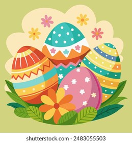 Niedliche Ostereier, Eierkorb, Ostereier, Blumen und Blätter. Happy Easter Inschrift bunte Vektorillustration hellgrüner Hintergrund 