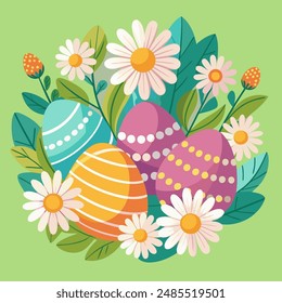 Niedliche Ostereier, Eierkorb, Ostereier Pastellfarbe, Gänseblümchen und Blätter. So schön und atemberaubend Happy Easter Inschrift, bunter hellgrüner Hintergrund, Vektorillustration 