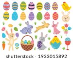 Cute Easter elements collection. Ester bunny, chicks, egg, basket and tulips. Spring funny clipart for kids design. Vector illustration