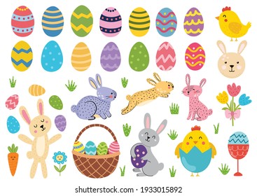 Cute Easter Elements Collection. Ester Bunny, Chicks, Egg, Basket And Tulips. Spring Funny Clipart For Kids Design. Vector Illustration