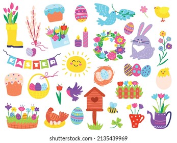 Cute easter elements, hand drawn spring season doodles. Painted eggs in basket, bunny, flowers, birds, springtime holiday doodle vector set. Floral wreath, hatching chick, burning candles