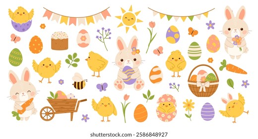 Cute Easter elements set. Easter bunny, chicks and eggs. Flat vector isolated illustration