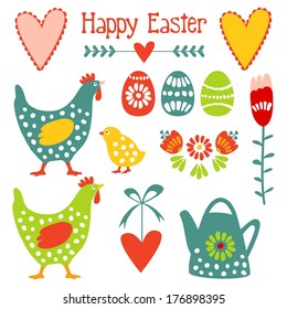 Cute easter elements set with eggs, hens, hearts and flowers, vector illustration