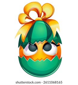 Cute Easter emoji with bow on white background. Happy Easter emoticon in green eggshell. Cute emoticon