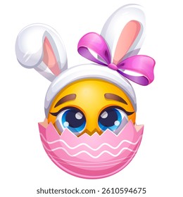 Cute Easter emoji with false bunny ears on white background. Happy Easter emoticon in pink eggshell. Cute emoticon