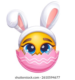Cute Easter emoji with false bunny ears on white background. Happy Easter emoticon in pink eggshell. Cute emoticon