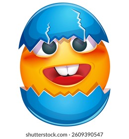 Cute Easter emoji on white background. Happy Easter emoticon in blue eggshell. Cute emoticon