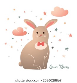 Cute Easter featuring beige bunny with colorful stars and pink clouds in soft gradient. Perfect vector for spring, holiday designs, invitations, and more, withdreamy, playful vibe. Easter digital art