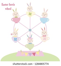 Una linda rueda de los ferris de Pascua con 6 conejitos de Pascua en lindos tazas.
