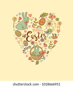Cute Easter festive banner for greeting card with holiday traditional symbols in doodle style in heart shape.