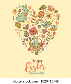 Cute Easter festive banner for greeting card with holiday traditional symbols in doodle style in heart shape.