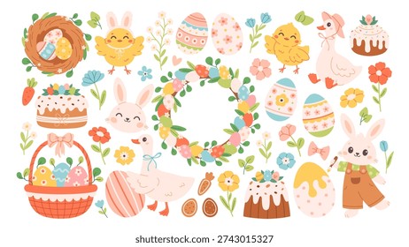 Cute Easter festive elements collection. Easter eggs, cakes, wreath, animals, flowers and seasonal decorations. Spring holiday stickers. Flat vector illustration