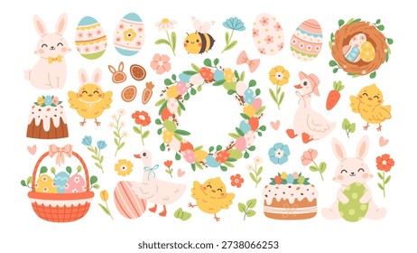 Cute Easter festive elements set. Easter eggs, cakes, wreath, animals, flowers and seasonal decorations. Spring holiday stickers. Flat vector illustration isolated on white