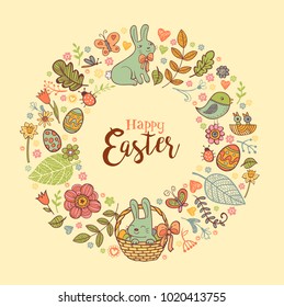 Cute Easter festive frame for greeting card with holiday traditional symbols. in doodle style with Cute Easter rabbit in a basket .