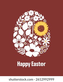 Cute Easter flower egg in white details. Easter card with spring flowers and leaves.