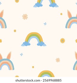 Cute Easter with flowers  on pastel background, seamless pattern