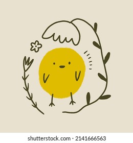 Cute Easter friendly baby chicken bird spring illustration in kawaii style