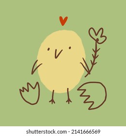 Cute Easter friendly baby chicken bird spring illustration in kawaii style