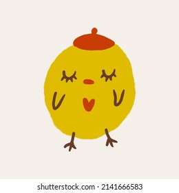 Cute Easter friendly baby chicken bird spring illustration in kawaii style