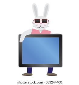 cute Easter funny bunny with table pc