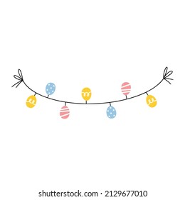 Cute easter garland with different colored eggs. Good for greeting cards, banners, invitations, flyers.