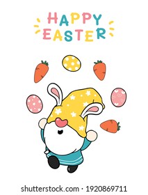 Cute easter Gnome bunny ears cartoon doing easter eggs Juggling,  Happy Easter, Cute doodle cartoon vector spring Easter clip art