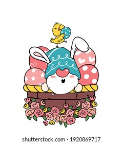 Cute easter Gnome bunny ears cartoon and yellow chick baby in Easter egg basket. Happy Easter, Cute doodle cartoon vector spring Easter clip art