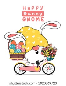 Cute easter Gnome bunny ears cartoon on pink sweet floral bicycle with easter egg basket. Happy Easter, Cute doodle cartoon vector spring Easter clip art